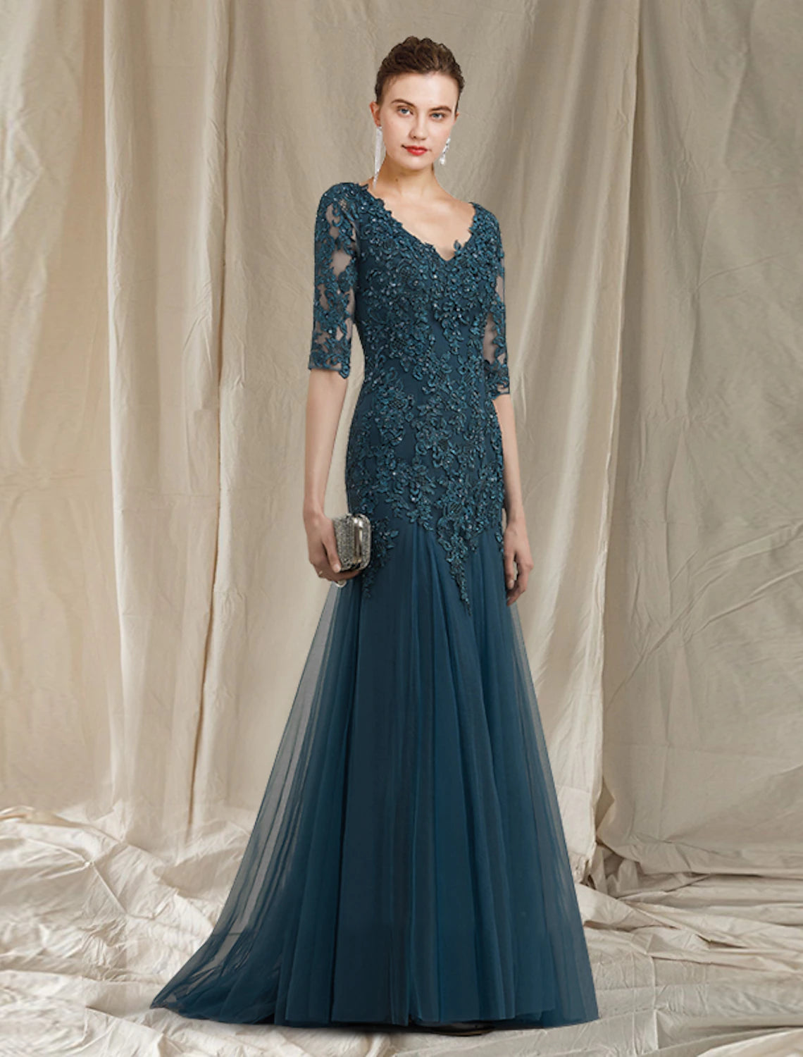 A-Line Mother of the Bride Dress Elegant V Neck Sweep / Brush Train Lace Tulle Half Sleeve No with Ruffles Appliques 2023